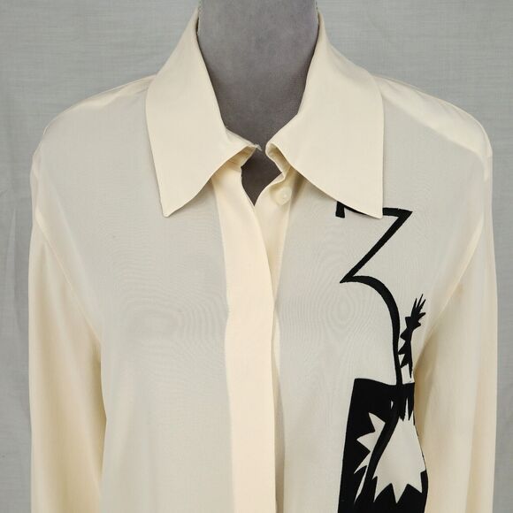 Laurel Escada Top Womens 6 Ivory Silk Blouse Embroidered Shoulder Pads Vintage - Picture 8 of 16